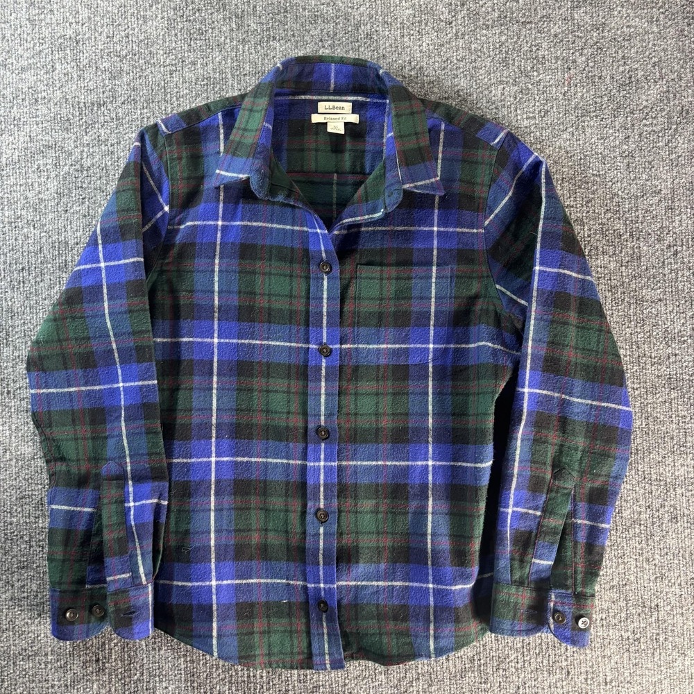 L.L. Bean Shirt Womens XS Petite Blue Green Plaid Flannel Relaxed Fit Button